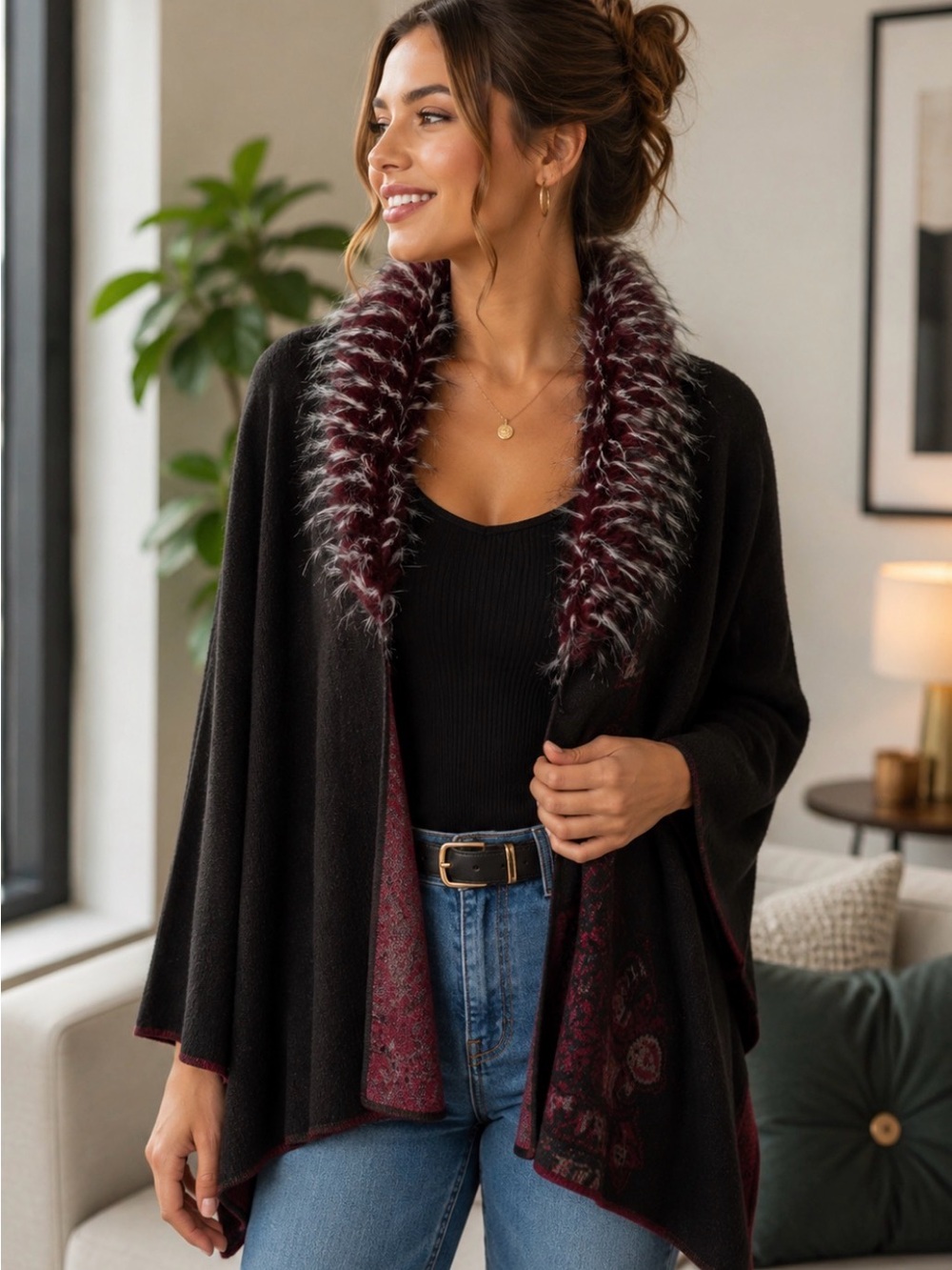 Chico’s Size 2 Burgundy Black Faux Fur Collar Open Front Cardigan Sweater